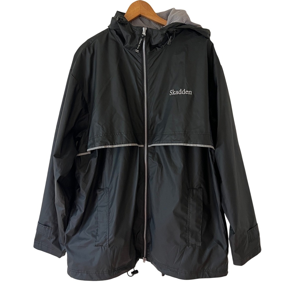 Charles River Apparel Mens L Black Rain Jacket Hooded Reflective Skadden Logo